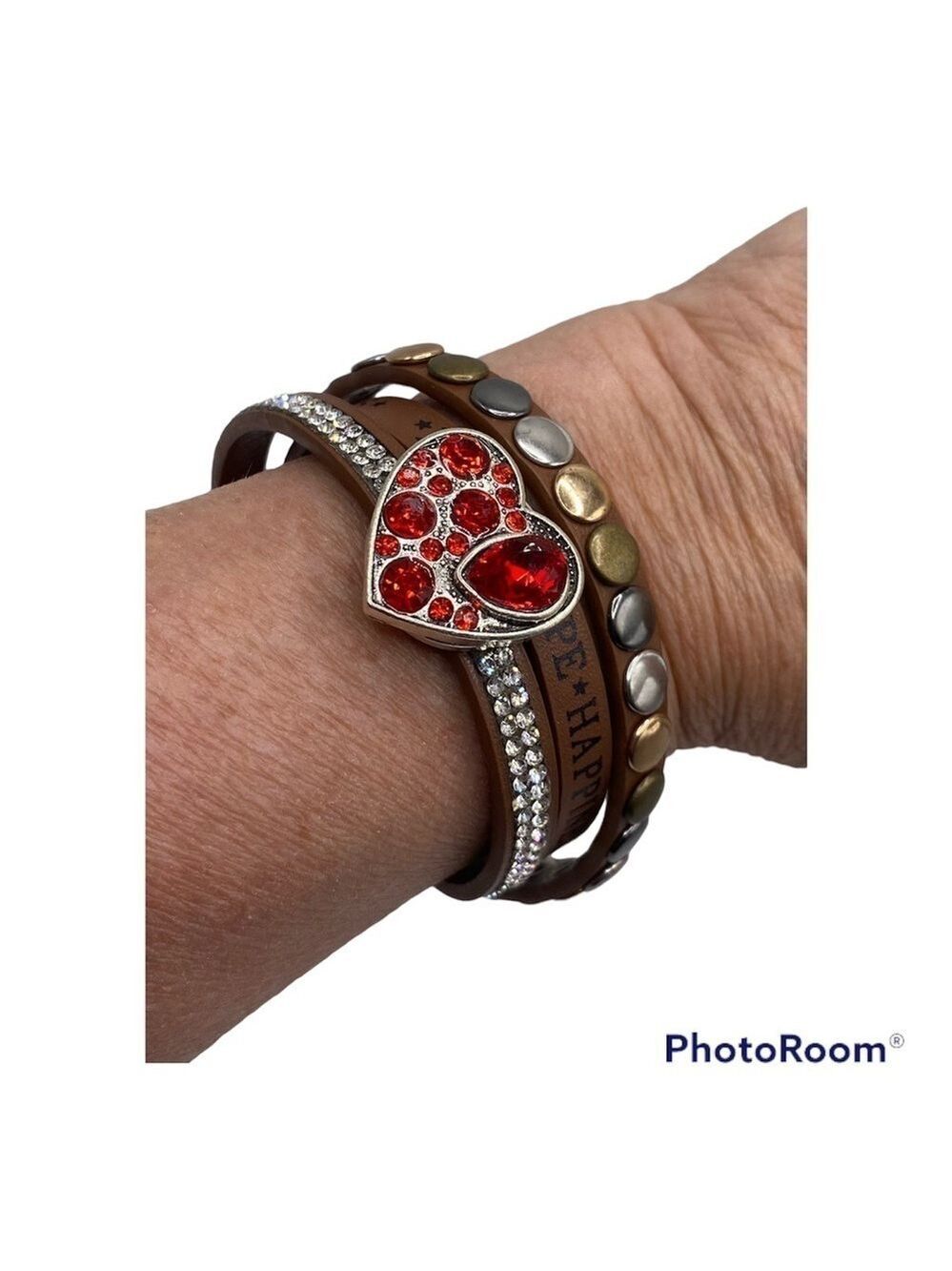 Leather Criss Cross Bracelet Jeweled Red Heart 18mm Snap Jewelry Fun Gift NWT